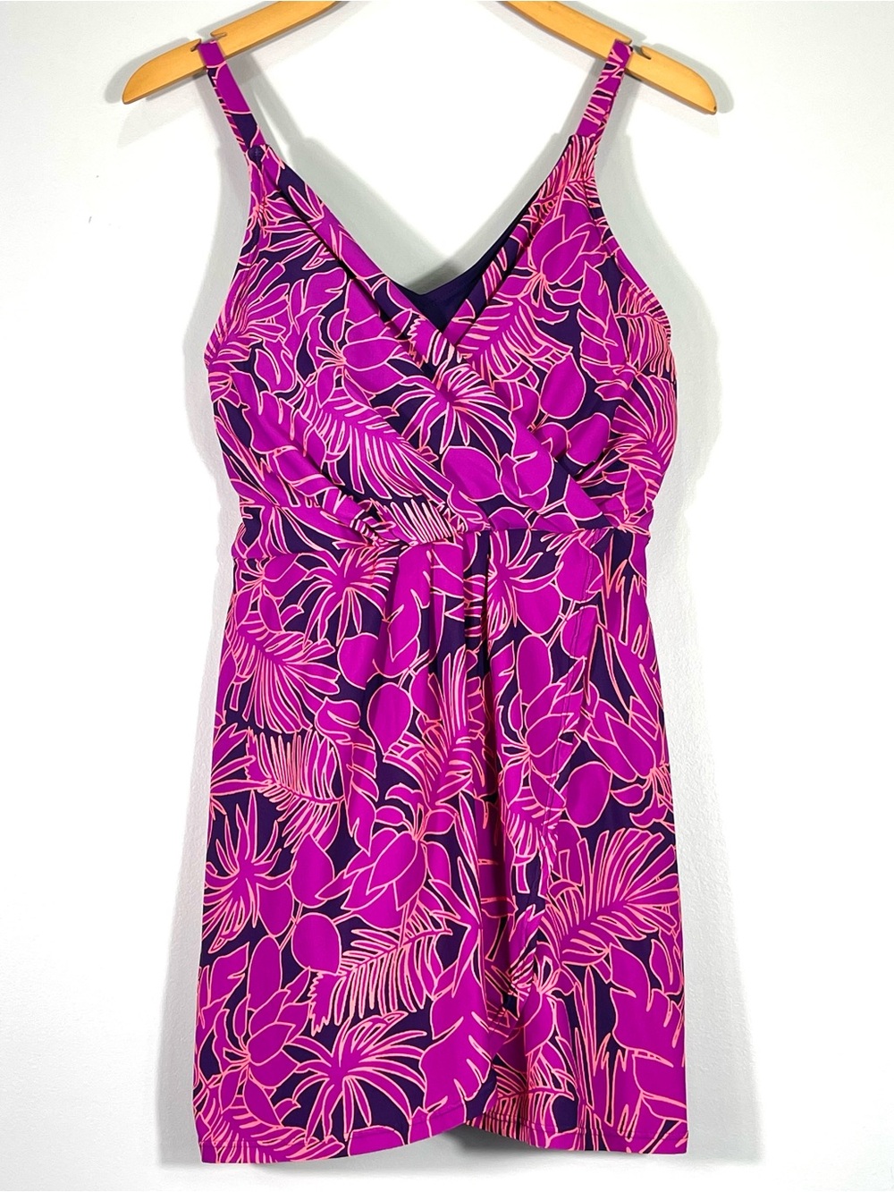 LANDS' END Women's One-Piece Swim Bathing Suit Purple Pink Floral Skirt Size Med